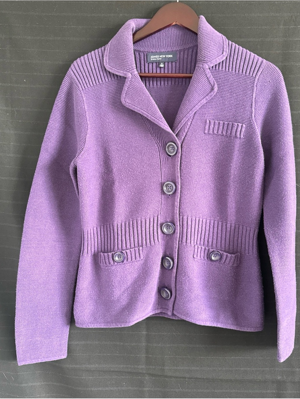 Jones New York Signature Purple Knit Collared Button Up Cardigan Sweater Small